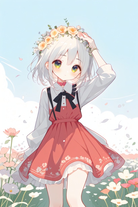 1 girl, cute, cute, in the flower field, holding a bouquet of flowers in her hand, wearing a red dress, wearing a wreath on her head, touching her head