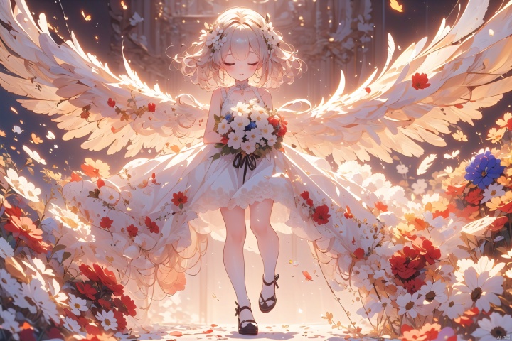 (White wings: 1.5) Flying, 1 little girl, cute, super cute, with one eye closed, hair filled with flowers, holding a large bouquet of flowers, full body, panoramic, white background, minimalist style, wide-angle lens, wings