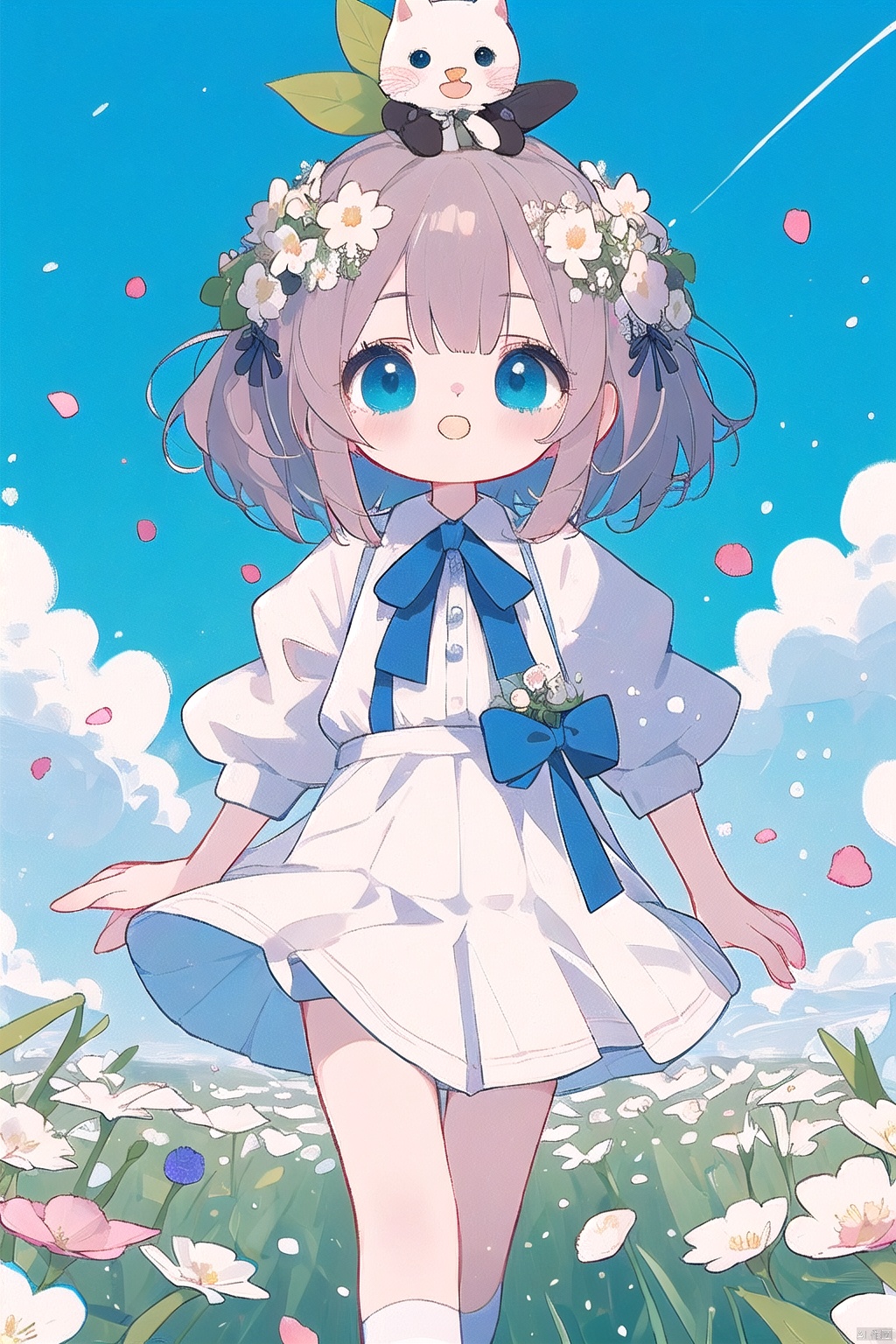 1 girl, beautiful and lovely, running in the flower field with her back, holding a bouquet of flowers in her hand, wearing a flower wreath on her head, a white short skirt, swaying in the breeze, petals dancing, blue sky and white clouds, loli,artist:nano, 30710