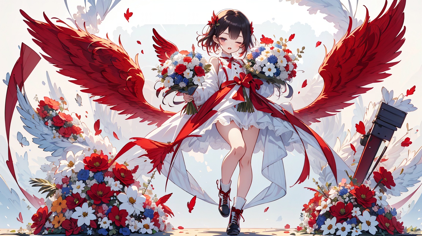  (Red Wings: 1.5) Flying, 1 little girl, cute, super cute, with one eye closed, hair filled with flowers, holding a large bouquet of flowers, full body, panoramic, white background, minimalist style, wide-angle lens