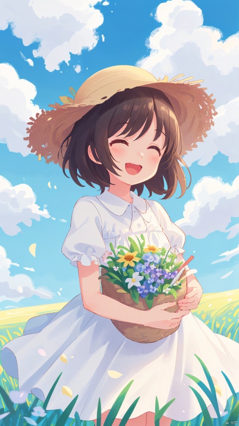  Girl, white dress, wearing a straw hat, cute, happy, field, flowers, grass, holding flowers, breeze, blue sky, white clouds, perfect face, best picture quality, 8k resolution,undercut