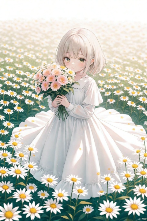 1 girl, cute, in the flower field, holding a bouquet of flowers, wearing a dress