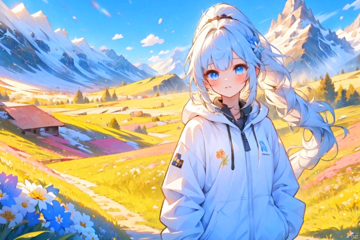 1 girl, ponytail, wearing a white windbreaker, long hair, gentle breeze, road, picking flowers, mountain slopes, flower fields, grasslands, panoramic view,