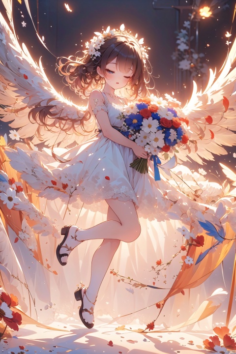  (White wings: 1.5) Flying, 1 little girl, cute, super cute, with one eye closed, hair filled with flowers, holding a large bouquet of flowers, full body, panoramic, white background, minimalist style, wide-angle lens, wings