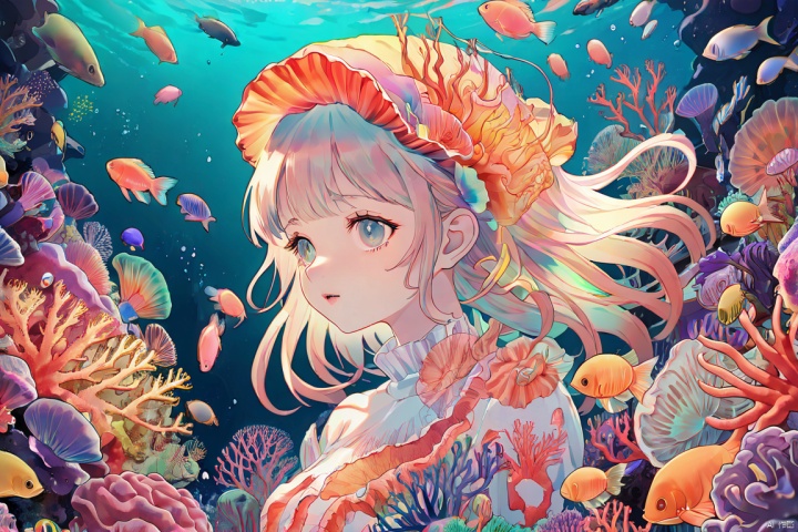  A young girl, exquisite and beautiful, with deep-sea fish and various colors of coral and jellyfish, sea anemones, corals, psychedelic, various marine creatures, bright color combinations