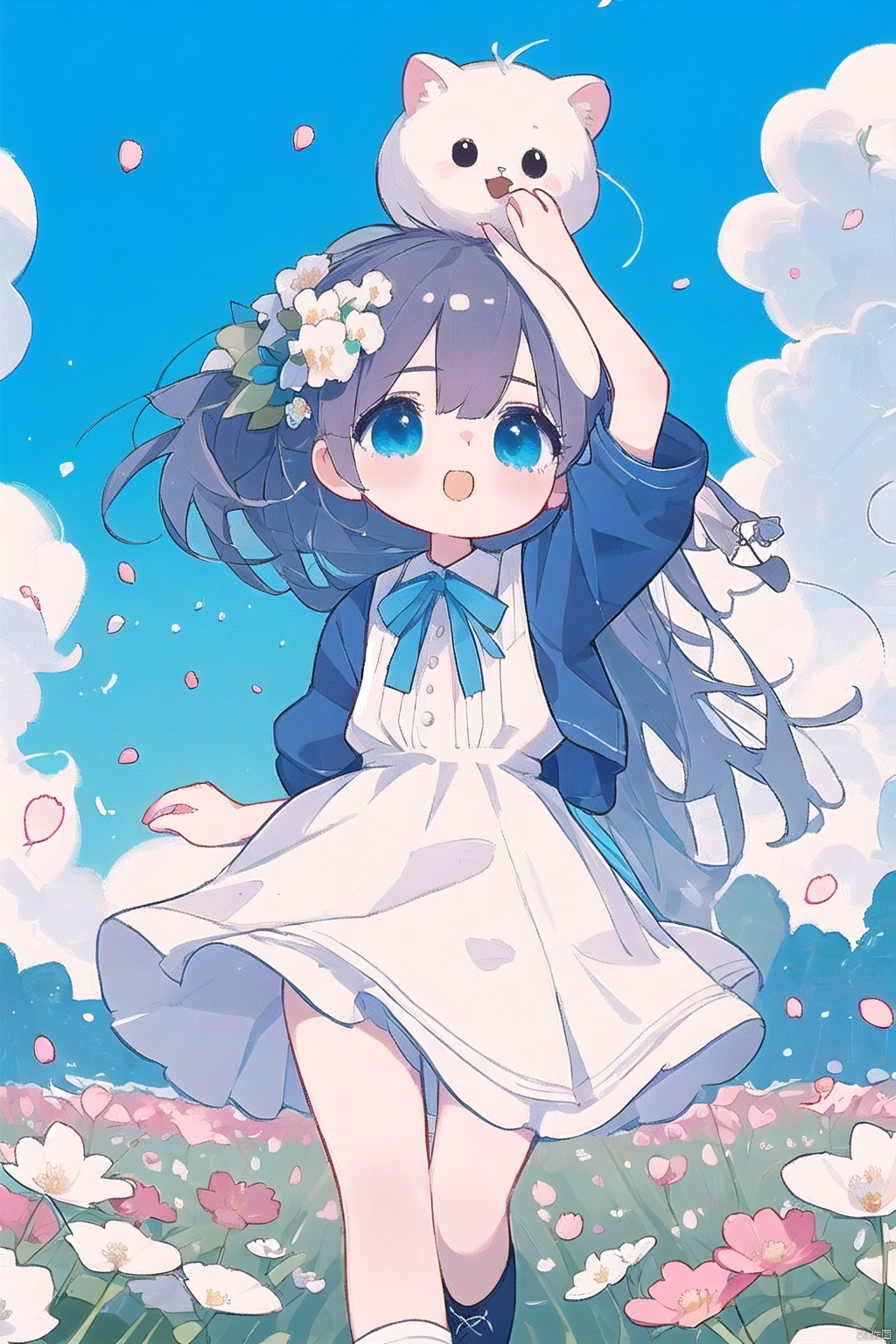 1 girl, beautiful and lovely, running in the flower field with her back, holding a bouquet of flowers in her hand, wearing a flower wreath on her head, a white short skirt, swaying in the breeze, petals dancing, blue sky and white clouds, loli,artist:nano, 30710