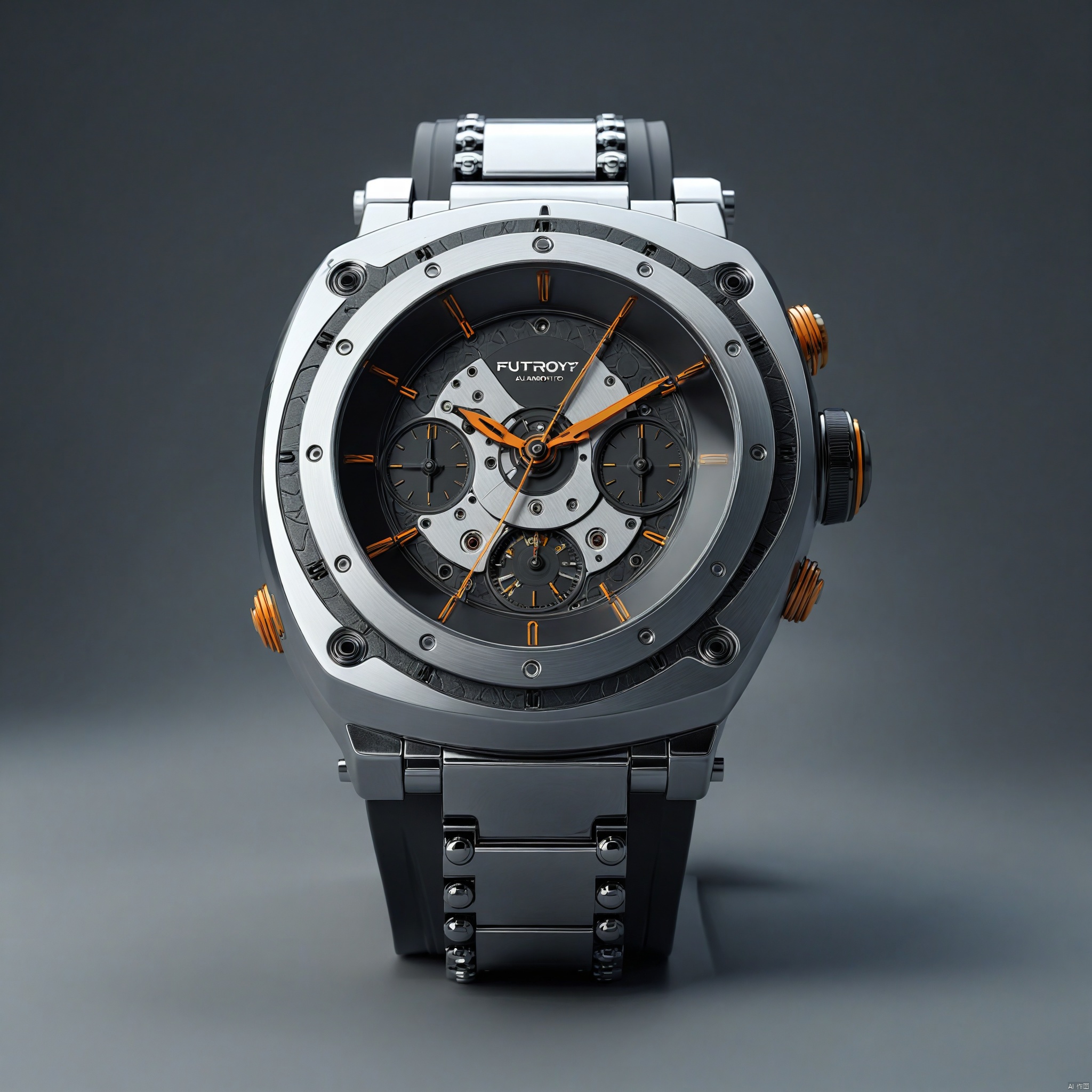 automatic wristwatch, stainless steel watch case, chrome watch hands, silicon strap, front view, futury punk style, showcasing complete wristwatch, C4D render, 8K., Advertising-inspired photography style, with close-ups in the style of product photos, Add details, enhance details, robot, ananqc,anantz