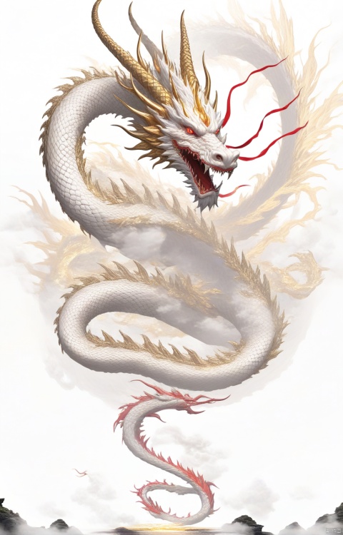 Simple background with a clear sky, featuring a single head with two yellow eyes and two horns on top, two pair of legs along with claws, red scales, and a golden body. No human figures present, only an Eastern dragon depicted in a side view, flying upright. The image is artistically detailed