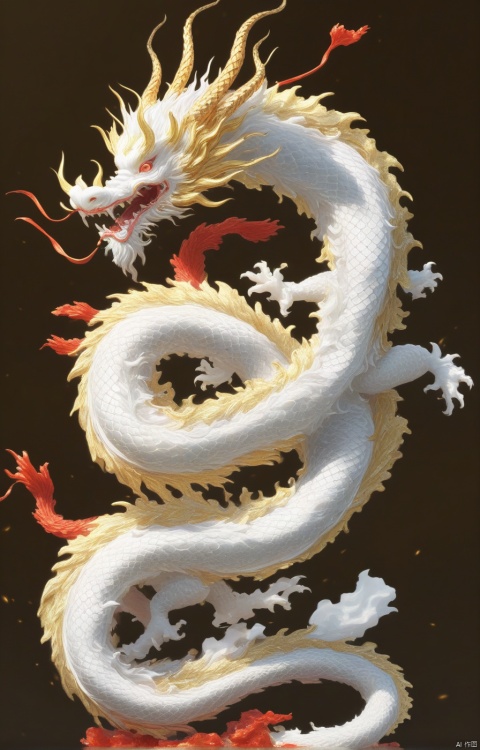 Simple background with a clear sky, featuring a single head with two yellow eyes and two horns on top, two pair of legs along with claws, red scales, and a golden body. No human figures present, only an Eastern dragon depicted in a side view, flying upright. The image is artisticallydetailed, 中国龙, dofas, Arien view, shanhaijing, fnk, KOI, recolor,blind box