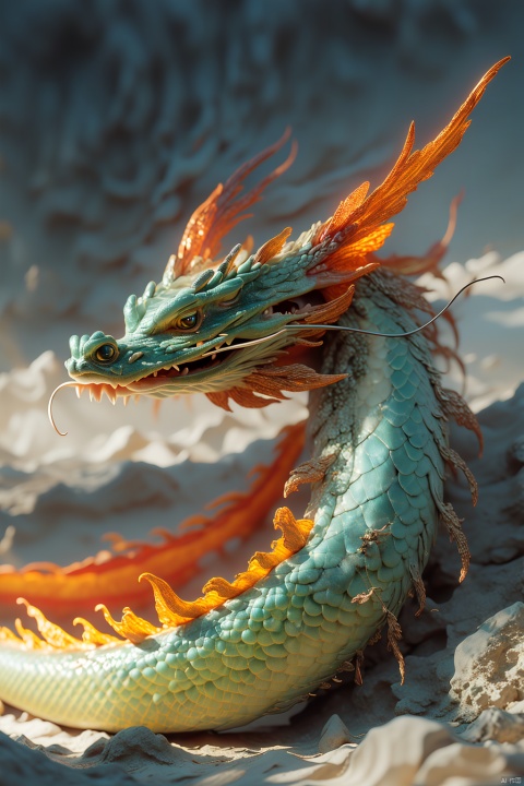 /imagine prompt: Chinese dragon side view flying up with red and gold scales, in a realistic photograph on a clear background ::