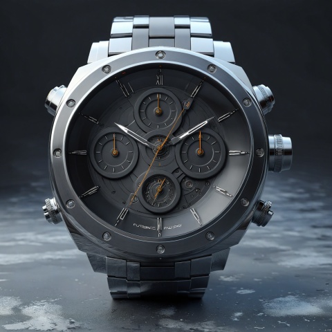 wristwatch, stainless steel watch case, chrome watch hands, silicon strap, front view, futury punk style, showcasing complete wristwatch, C4D render, 8K., Advertising-inspired photography style, with close-ups in the style of product photos, Add details, enhance details, robot, ananqc