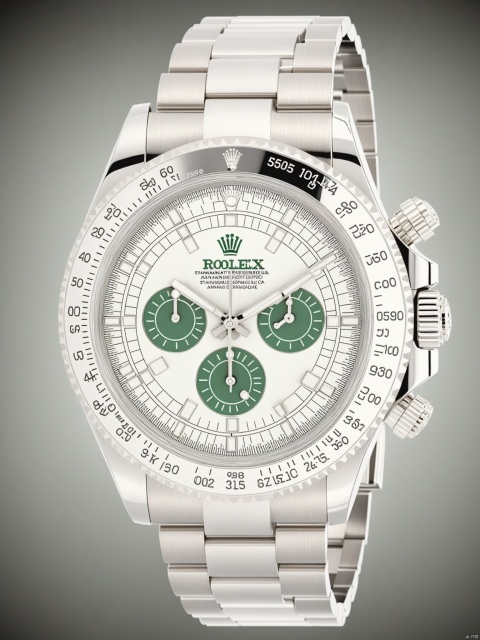  ROLEX style, wristwatch, stainless steel watch case, chrome watch hands, stainless steel strap, front view, classic style, showcasing complete wristwatch, C4D render, 8K., Advertising-inspired photography style, with close-ups in the style of product photos, Add details, enhance details, ananqc,anantz, product render, 