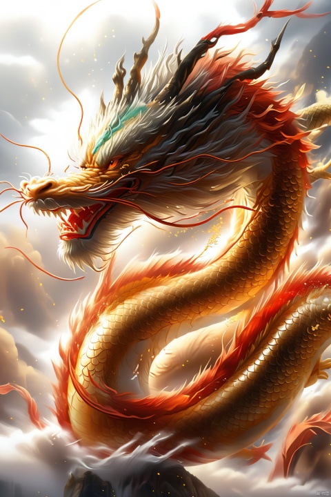 Chinese dragon side view flying up with red scales, gold body, in a realistic photograph on a clear background, black and white