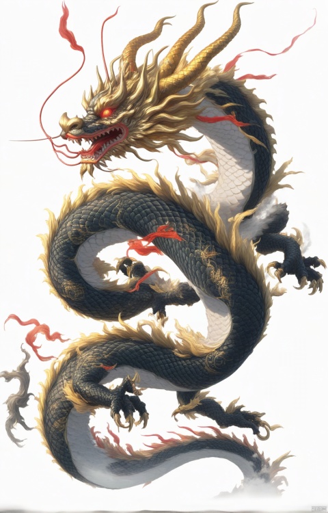 Simple background with a clear sky, featuring a single head with two yellow eyes and two horns on top, two pair of legs along with claws, red scales, and a golden body. No human figures present, only an Eastern dragon depicted in a side view, flying upright. The image is artisticallydetailed, 中国龙, dofas, Arien view, shanhaijing, fnk, KOI, recolor,blind box