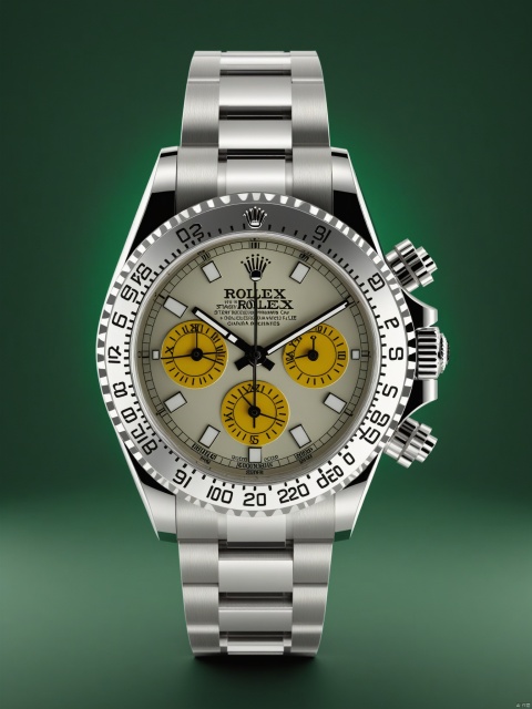  ROLEX, wristwatch, stainless steel watch case, chrome watch hands, stainless steel strap, front view, classic style, showcasing complete wristwatch, C4D render, 8K., Advertising-inspired photography style, with close-ups in the style of product photos, Add details, enhance details, ananqc,anantz, product render, 