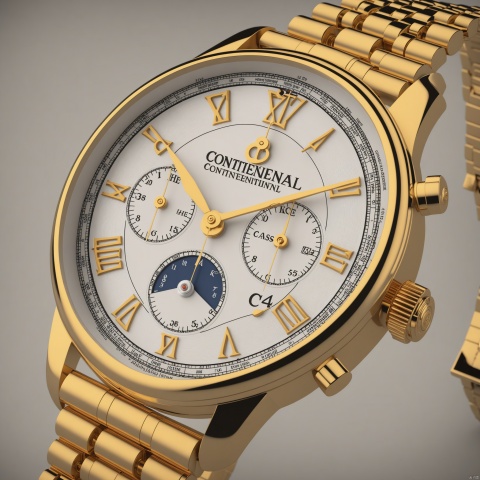 wristwatch, classic continental style, elegant look, front view, showcasing complete wristwatch, C4D render, 8K., Advertising-inspired photography style, with close-ups in the style of product photos, Add details, enhance details, product render, 35mm film photography, heise, LuxTechAI