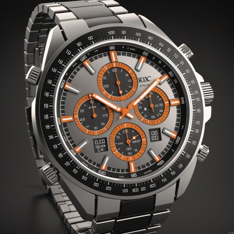  The wristwatch has a classic and elegant design with a round face and a metal band. The face is color with silver accents, and the band is silver. big watch bezel with a tachymeter. The watch has a variety of features, including a chronograph, and a date display. front view, classic rolex style, showcasing complete wristwatch, C4D render, 8K., Advertising-inspired photography style, with close-ups in the style of product photos, Add details, enhance details, ananqc,anantz, product render, , 35mm film photography, heise, LuxTechAI
