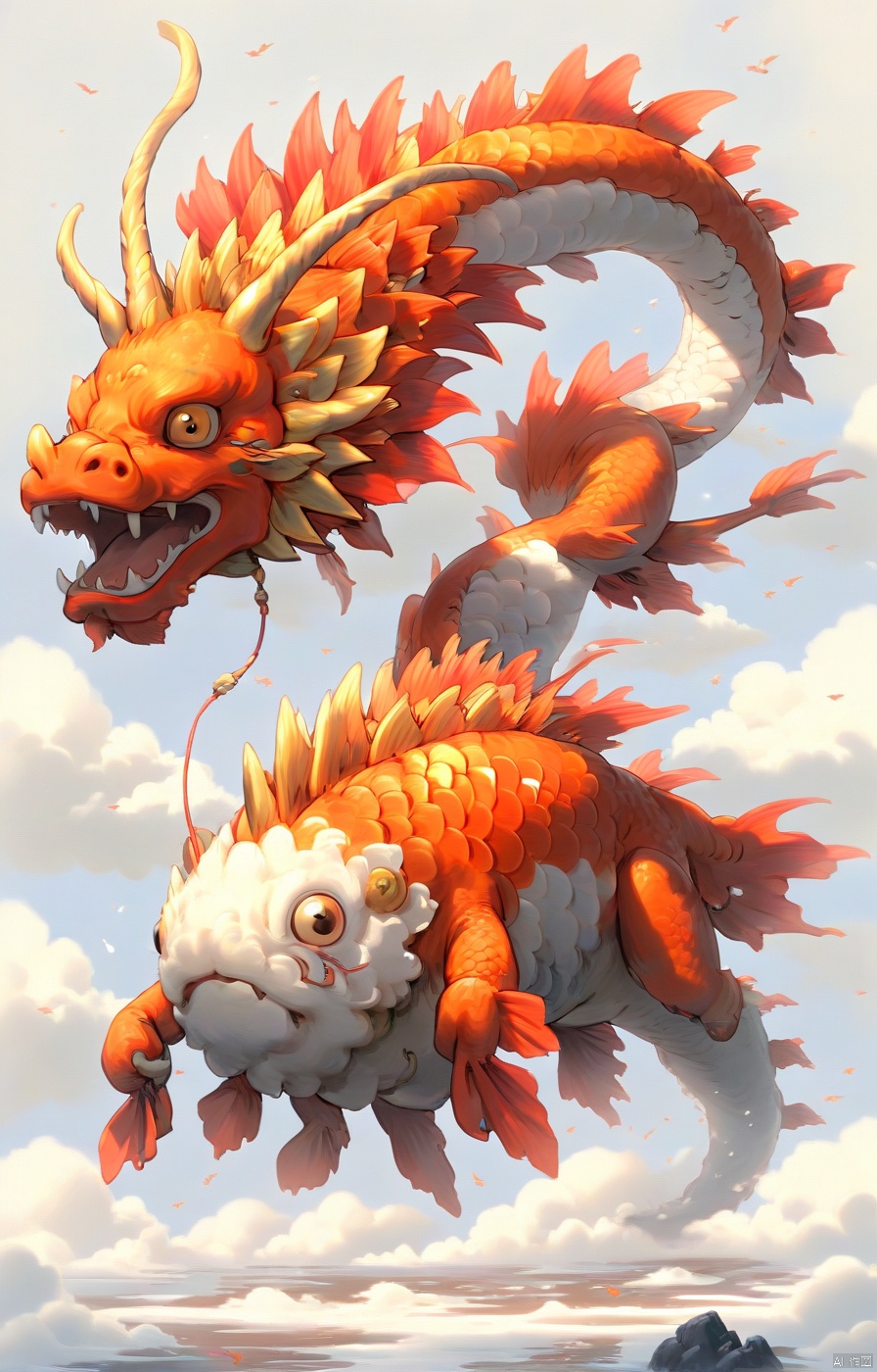  /imagine prompt: Simple background with a clear sky, featuring a single head with two yellow eyes and two horns on top, two pair of legs along with claws, red scales, and a golden body. No human figures present, only an Eastern dragon depicted in a side view, flying upright. The image is artisticallydetailed.::,中国龙, dofas, Arien view, shanhaijing, fnk, KOI, recolor