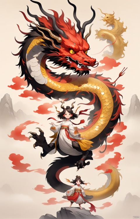 Simple background with a clear sky, featuring a single head with two yellow eyes and two horns on top, two pair of legs along with claws, red scales, and a golden body. No human figures present, only an Eastern dragon depicted in a side view, flying upright. The image is artisticallydetailed, 中国龙, dofas, Arien view, shanhaijing, fnk, KOI, recolor, blind box
