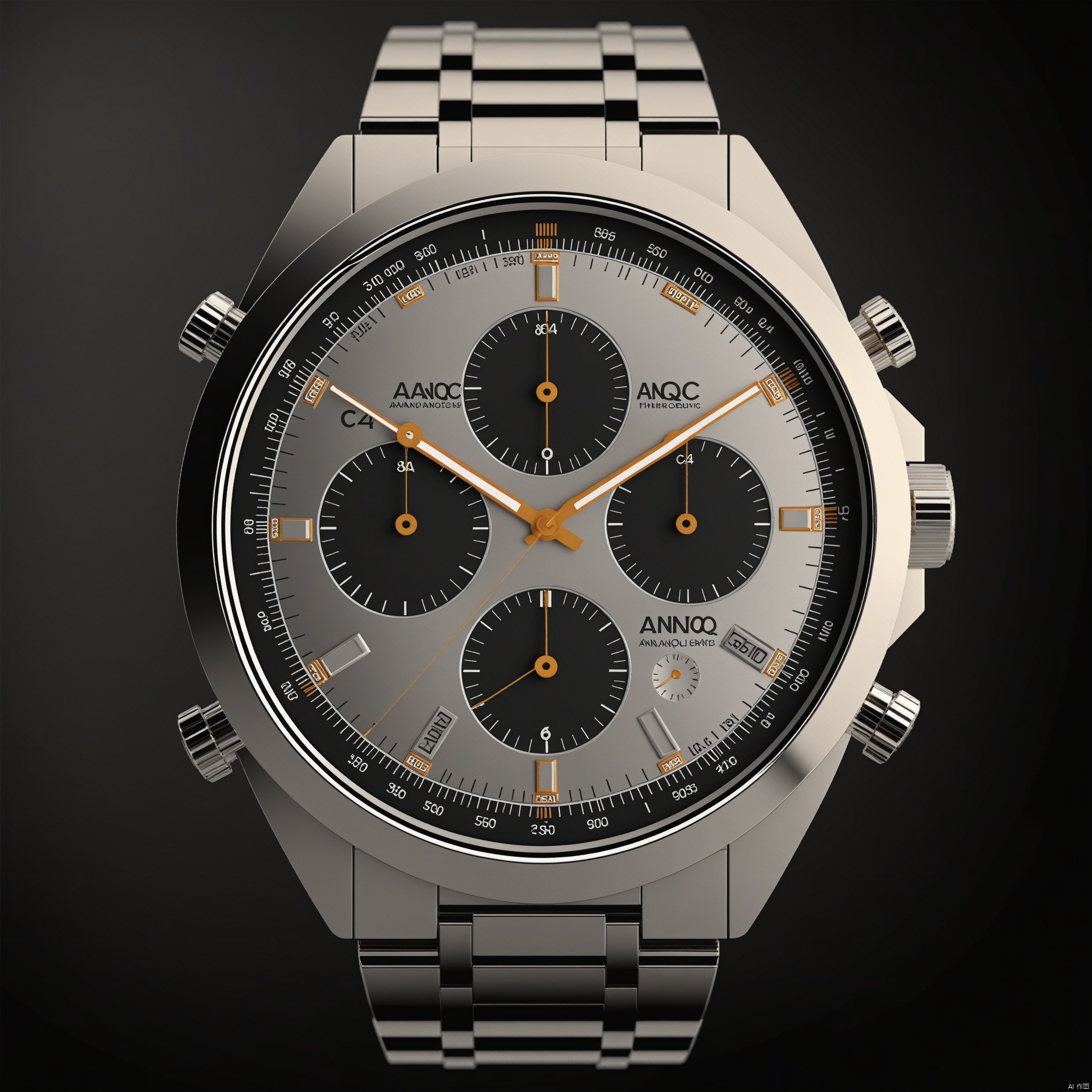 The wristwatch has a classic and elegant design with a round face and a metal band. The face is color with silver accents, and the band is silver. big watch bezel with a tachymeter. The watch has a variety of features, including a chronograph, and a date display. front view, classic style, showcasing complete wristwatch, C4D render, 8K., Advertising-inspired photography style, with close-ups in the style of product photos, Add details, enhance details, ananqc,anantz, product render, , 35mm film photography, heise, LuxTechAI