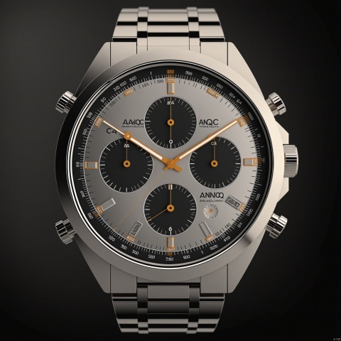 The wristwatch has a classic and elegant design with a round face and a metal band. The face is color with silver accents, and the band is silver. big watch bezel with a tachymeter. The watch has a variety of features, including a chronograph, and a date display. front view, classic style, showcasing complete wristwatch, C4D render, 8K., Advertising-inspired photography style, with close-ups in the style of product photos, Add details, enhance details, ananqc,anantz, product render, , 35mm film photography, heise, LuxTechAI