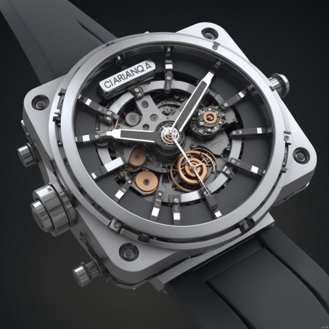 automatic wristwatch, stainless steel watch case, chrome watch hands, silicon strap, front view, futury punk style, showcasing complete wristwatch, C4D render, 8K., Advertising-inspired photography style, with close-ups in the style of product photos, Add details, enhance details, robot, ananqc,anantz, woodfigurez