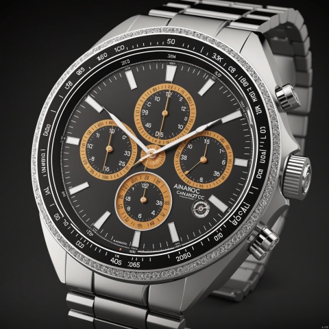 The wristwatch has a classic and elegant design with a round face and a metal band. The 3 eye face is color with silver accents, and the band is silver. big watch bezel with a tachymeter. The watch has a variety of features, including a chronograph, and a date display. front view, classic style, showcasing complete wristwatch, C4D render, 8K., Advertising-inspired photography style, with close-ups in the style of product photos, Add details, enhance details, ananqc,anantz, product render, , 35mm film photography, heise, LuxTechAI