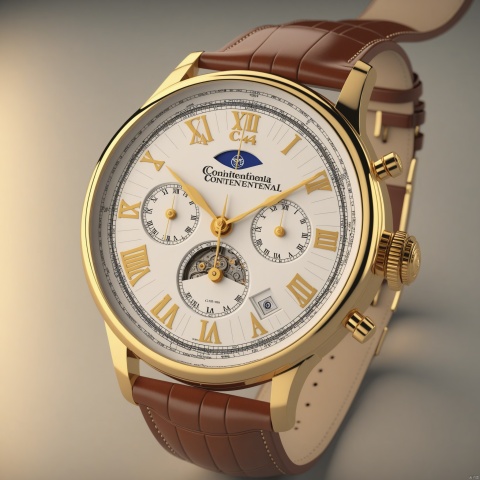 wristwatch, classic continental style, elegant look, front view, showcasing complete wristwatch, C4D render, 8K., Advertising-inspired photography style, with close-ups in the style of product photos, Add details, enhance details, product render, 35mm film photography, heise, LuxTechAI