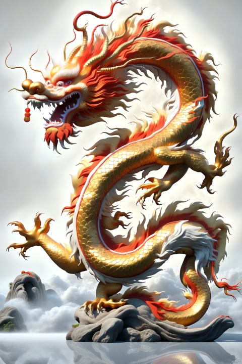 Chinese dragon, side view, whole body, flying stright up, red scales, gold body, realistic photograph, clear background, black and white
