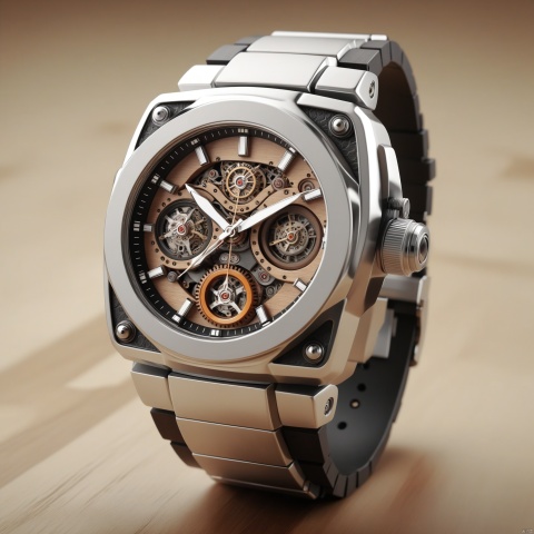 automatic wristwatch, stainless steel watch case, chrome watch hands, silicon strap, front view, futury punk style, showcasing complete wristwatch, C4D render, 8K., Advertising-inspired photography style, with close-ups in the style of product photos, Add details, enhance details, robot, ananqc,anantz, woodfigurez