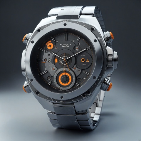 wristwatch, stainless steel watch case, chrome watch hands, silicon strap, front view, futury punk style, showcasing complete wristwatch, C4D render, 8K., Advertising-inspired photography style, with close-ups in the style of product photos, Add details, enhance details, robot, ananqc,anantz