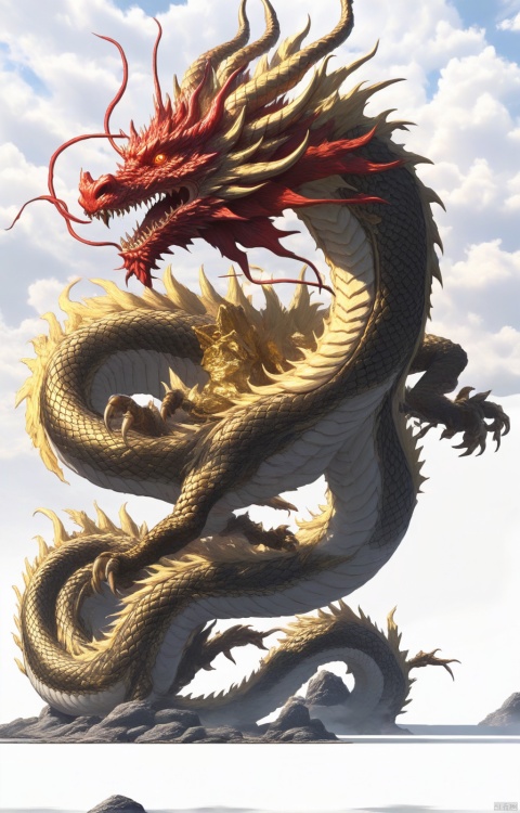Simple background with a clear sky, featuring a single head with two yellow eyes and two horns on top, two pair of legs along with claws, red scales, and a golden body. No human figures present, only an Eastern dragon depicted in a side view, flying upright. The image is artistically detailed