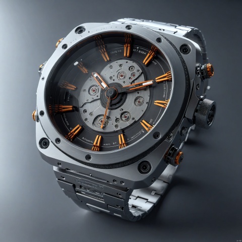 automatic wristwatch, stainless steel watch case, chrome watch hands, silicon strap, front view, futury punk style, showcasing complete wristwatch, C4D render, 8K., Advertising-inspired photography style, with close-ups in the style of product photos, Add details, enhance details, robot, ananqc,anantz