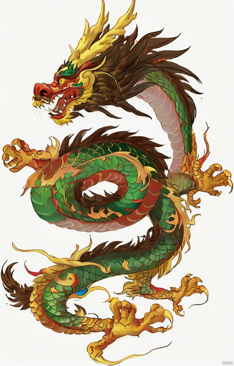 Eastern dragon depicted in a side view, flying upright. Simple background with a clear sky, featuring a single head with two yellow eyes and two horns on top, two pair of legs along with claws, red scales, and a golden body. No human figures present. The image is artistically detailed, long, Zlong