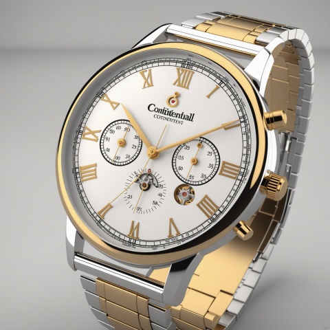 wristwatch is designed in a classic and elegant continental style, with a round face and a metal band. front view, showcasing complete wristwatch, C4D render, 8K., Advertising-inspired photography style, with close-ups in the style of product photos, Add details, enhance details, product render, 35mm film photography, heise, LuxTechAI