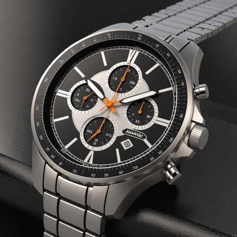 wristwatch has a classic and elegant design with a round face and a metal band. The face is color with silver accents, and the band is silver. big watch bezel with a tachymeter. The watch has a chronograph, and a date display. front view, classic rolex style, showcasing complete wristwatch, C4D render, 8K., Advertising-inspired photography style, with close-ups in the style of product photos, Add details, enhance details, ananqc,anantz, product render, 35mm film photography, heise, LuxTechAI