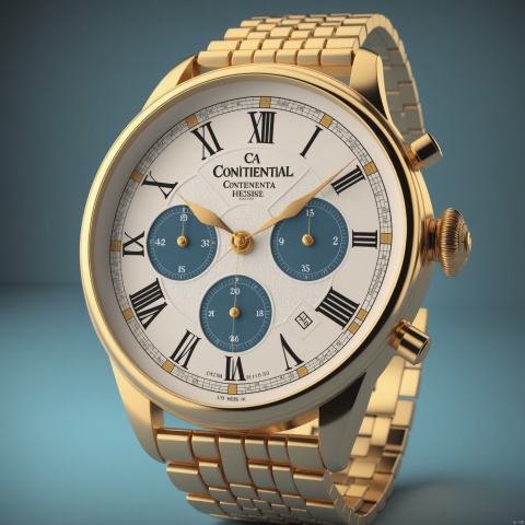 wristwatch is designed in a classic and elegant continental style. front view, showcasing complete wristwatch, C4D render, 8K., Advertising-inspired photography style, with close-ups in the style of product photos, Add details, enhance details, product render, 35mm film photography, heise, LuxTechAI