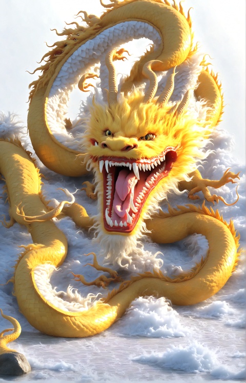  open mouth, simple background, white background, yellow eyes, horns, no humans, fangs, claws, dragon, scales, eastern dragon, photo realistic style