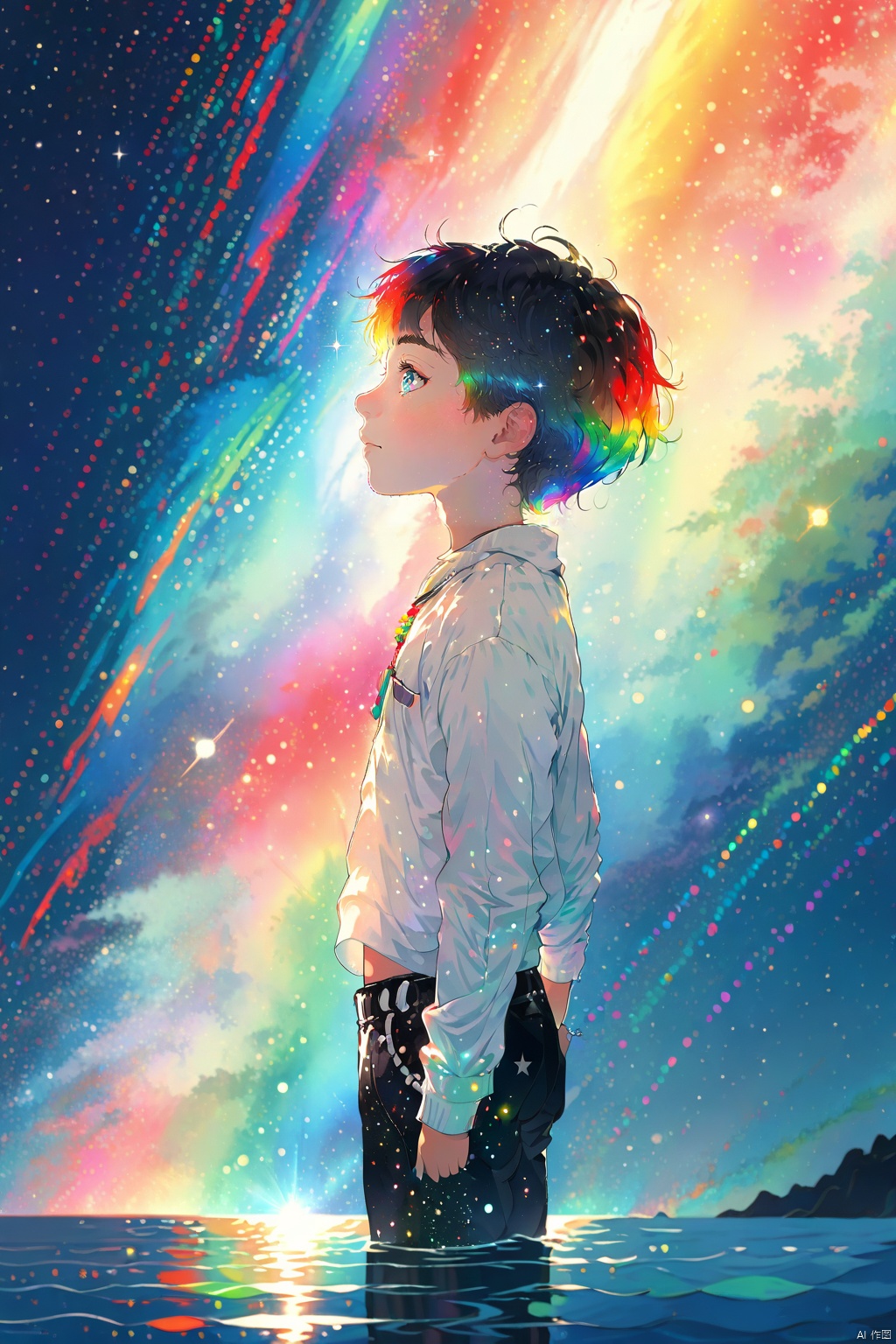  1 boy, closeup,cute, portrait, upper body, white clothes,black pants, face from side, on the sea, under the starry sky, the sea reflects the starry sky, rainbow color light reflected on the boy's face, sparkling lights, magical atmosphere, pointillism, Silhouette view, Cosmic wonders, Mysterious and colorful, nebula light, cosmic light, galactic light, Astronomical view, Macroscopic perspective, perspective view, masterpiece,