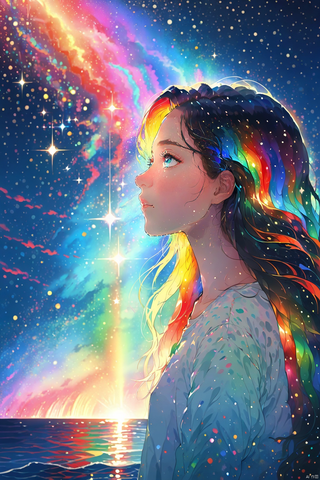  1 girl, lovely, long hair, closeup, portrait, upper body, face from left side, on the sea, under the starry sky, the sea reflects the starry sky, rainbow color light reflected on the girl's face, sparkling lights, magical atmosphere, pointillism, Silhouette view, Cosmic wonders, Mysterious and colorful, nebula light, cosmic light, galactic light, Astronomical view, Macroscopic perspective, perspective view, masterpiece,