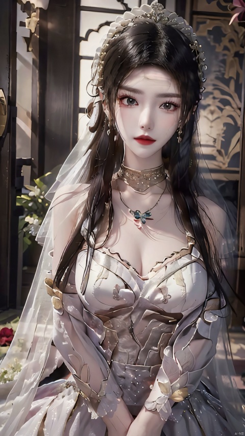  white theme, colorful blooming flowers, forming a dreamlike world, flower garden, flowers everywhere, greens, pinks, , cinematic, hunsha, 1girl, veil, solo, jewelry, bridal veil, black hair, realistic, earrings, necklace, bride, looking at viewer, smile, red lips,(full_body),,meidusha