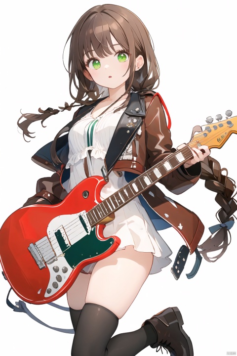  (((masterpiece))), best quality, highly detailed,extremely detailed CG unity 8k wallpaper,illustration, masterpiece, best quality, ultra-detailed, illustration, 1girl, solo, stage_outfit, guitar, leather_jacket, silver_accessory, thigh-high_boots, black_hair, rebel, confident, dynamic_pose, (milf, madame, mature female, 29yo:1.1), (brown hair, single braid:1.1) hair scrunchie, green eyes, (white background:1.3),
