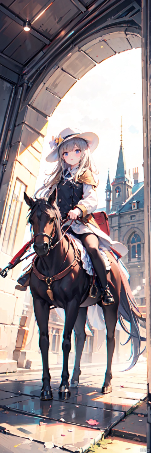  Fish-eye lens, from below, solo focus, front, A girl riding on a horse