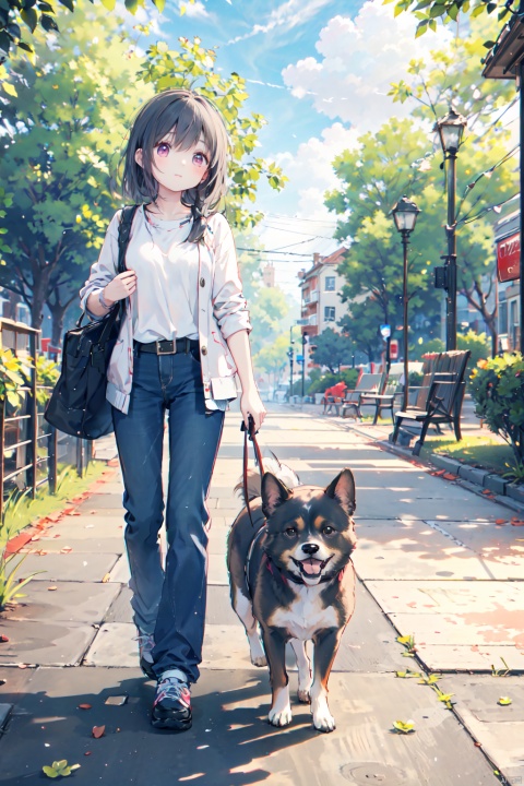 The girl is taking a walk with her dog in the park