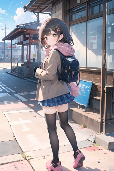  (best quality),(masterpiece),(ultra detailed),(highres),production art,1girl, thighhighs, solo, scarf, bag,looking at viewer, sky, looking back, black thighhighs, plaid, cloud, plaid skirt, day, bangs, backpack, long sleeves, blue sky, standing, pink footwear, sneakers, brown jacket, pleated skirt, blue skirt, jacket, full body, pink scarf, coat, black hair, brown eyes, outdoors, zettai ryouiki, closed mouth, from behind, blush, enpera, miniskirt, fringe trim, school uniform,japan, train station, brown coat, long hair, stairs