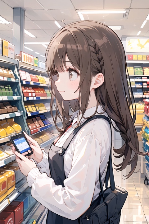  solo, (mature female, 28yo,:1.3),, (brown hair:1.1), single braid, bangs, tareme, woman, practical, tidy, uniform, polo shirt, apron, friendly, approachable, expression, customers, counter, grocery store, shelves, stocked, products, background, hustle, bustle, shoppers, carts, registers, greet, smile, assist, finding, helpful, customer-service oriented, attitude, handheld scanner, ring up, purchases, movements, efficient, precise, valuable, asset, supermarket, cute, appearance, pleasant demeanor, positive, shopping experience. , (from side, looking away, :1.3)