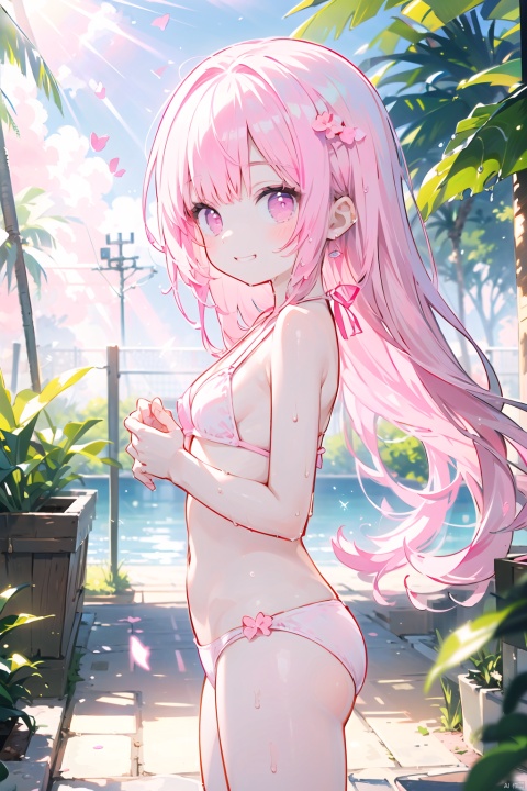 illustration,masterpiece,best quality,highly detailed beautiful face and eyes,beautiful and clear background,8k,tropical sea,1 gril,13 years old,loli,standing,(hands on chest:1.1),shot from side,full body shot,(grin:1.0),(light particles:1.2),(ambient light:1.1),(deatailed shadow:1.1),small breasts, BREAK (light pink:1.3) bikini, BREAK,wavy hair,blunt bangs ,(wet body:1.2),(sunlight flare:1.3), (heart:1.2), heel