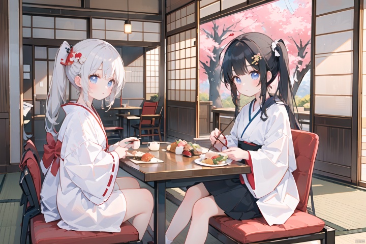  masterpiece photograph best quality 2girls two girls sitting on red zabuton cushion tatami in Japanese restaurant, chopsticks, sushi dish on table, black ponytail white bow,