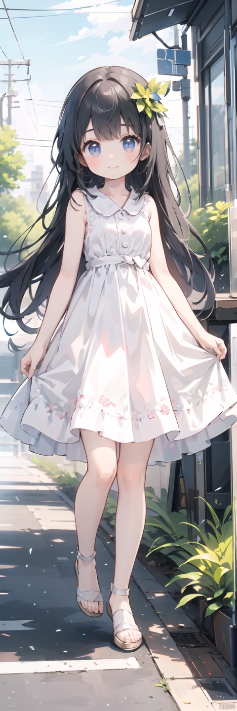  1girl, ground vehicle, dress, long hair, outdoors, black hair, bicycle, solo, white dress, sleeveless dress, sleeveless, looking at viewer, day, white footwear, power lines, road, sign, no socks, black eyes, shoes, railroad tracks, utility pole, bicycle basket, blush, standing, fence, motor vehicle, bare shoulders, scenery, railing, sundress, tree, smile, sky, guard rail,(masterpiece:1.2), best quality,PIXIV,cozy animation scenes, scenery,