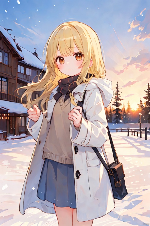  masterpiece, 1girl, loli, brown eyes, blonde hair, coat, sunset, snow